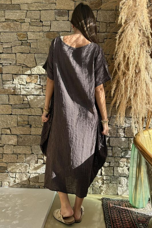Salcombe Chalk Stripe Cotton Cocoon Dress Chocolate